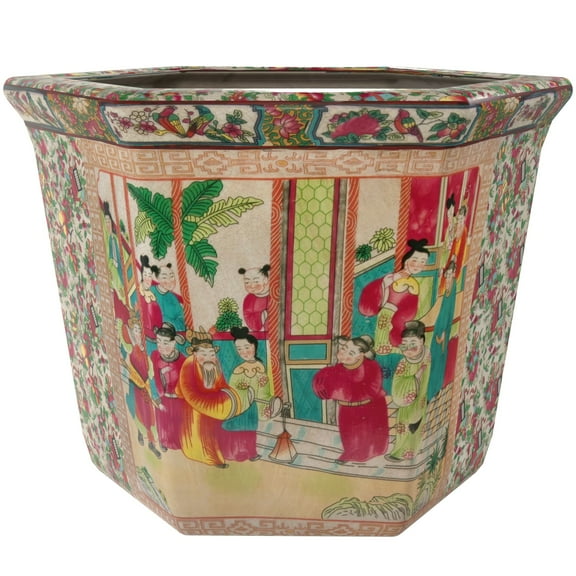 Oriental Furniture 10" Rose Medallion Porcelain Flower Pot, oriental style, living room item, decorative piece