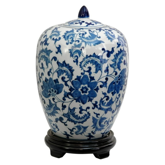 Oriental Furniture 11" Floral Blue & White Porcelain Vase Jar