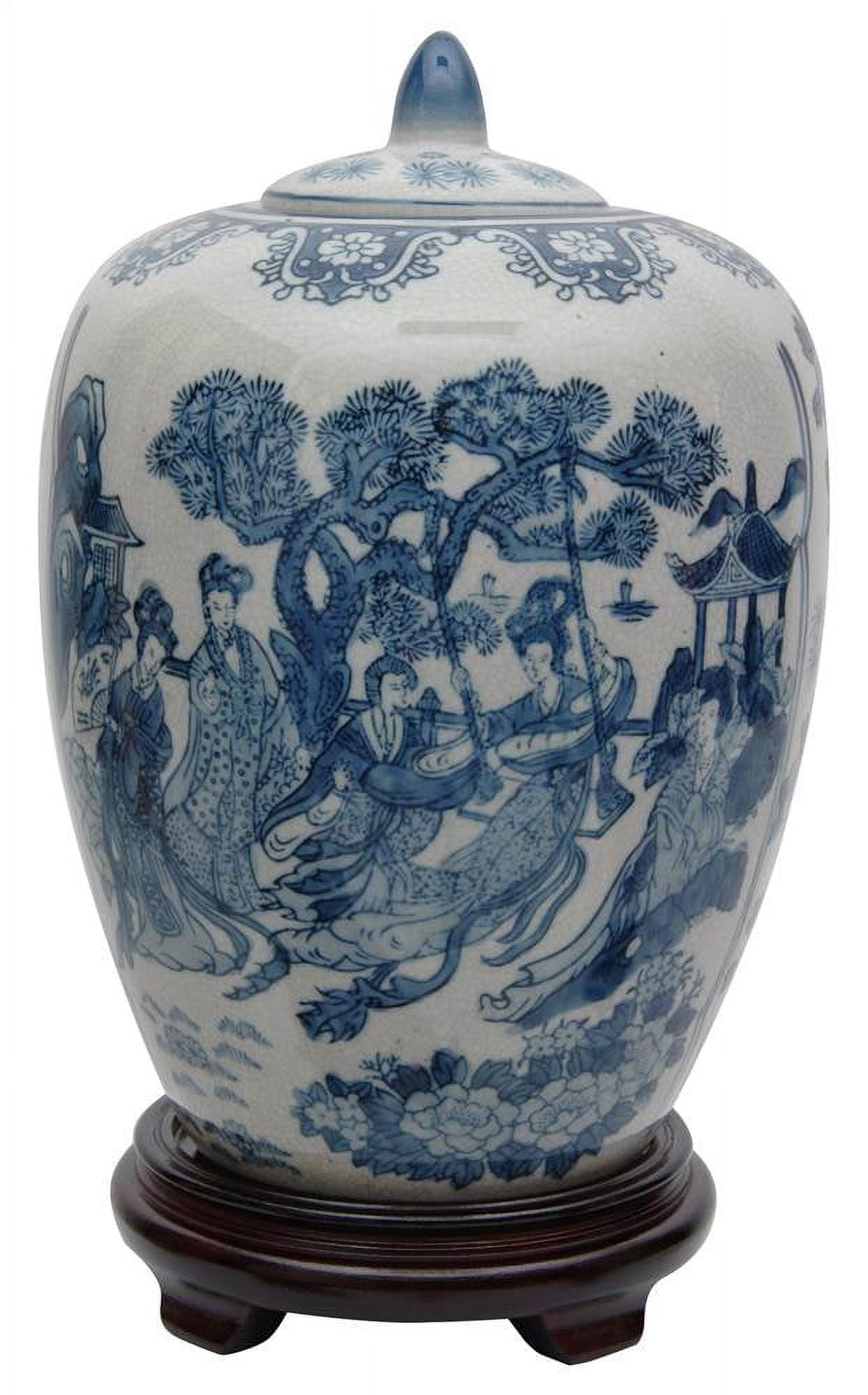 Oriental Furniture 11" Ladies Blue & White Porcelain Vase Jar, decorative item, end table item