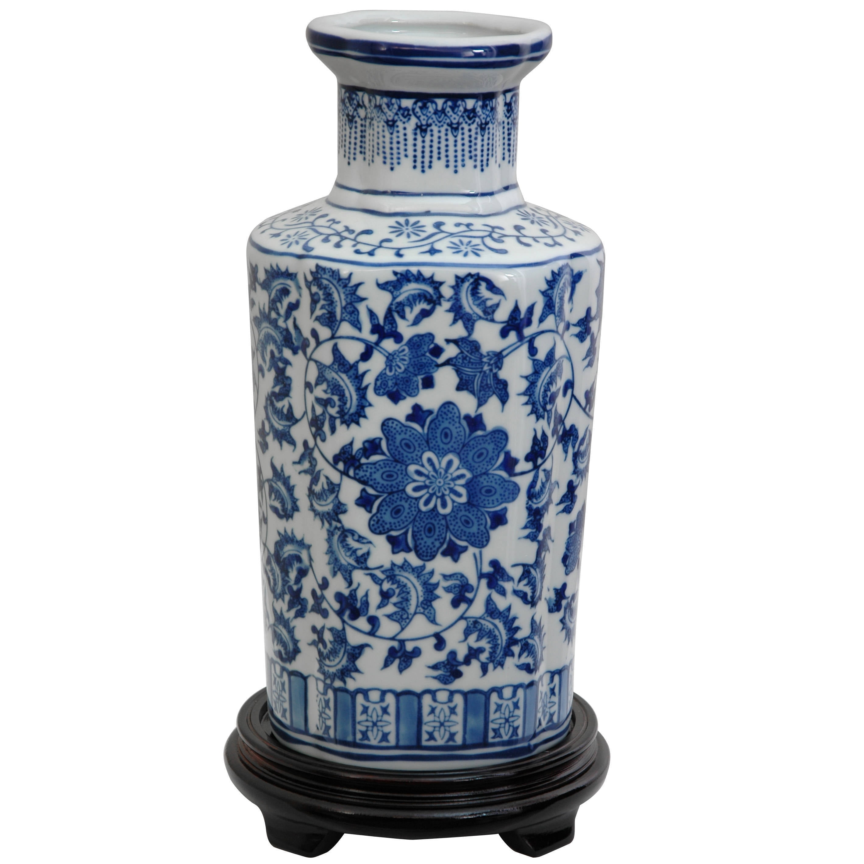 Classic Ming Blue and White Floral Porcelain Vase 14"
