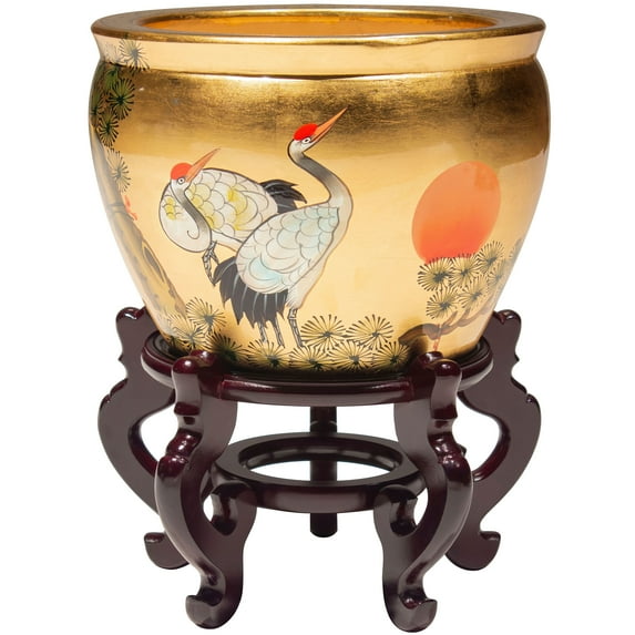 Oriental Furniture 12" Gold Lacquer Fishbowl - Cranes