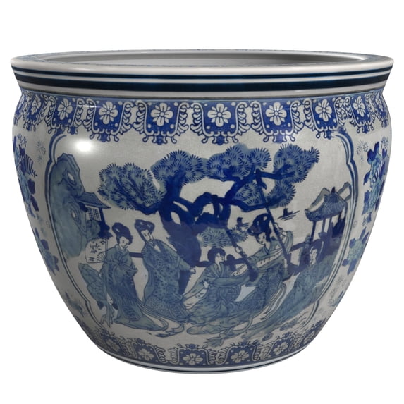 Red Lantern 12" Ladies Blue & White Porcelain Fishbowl Planter