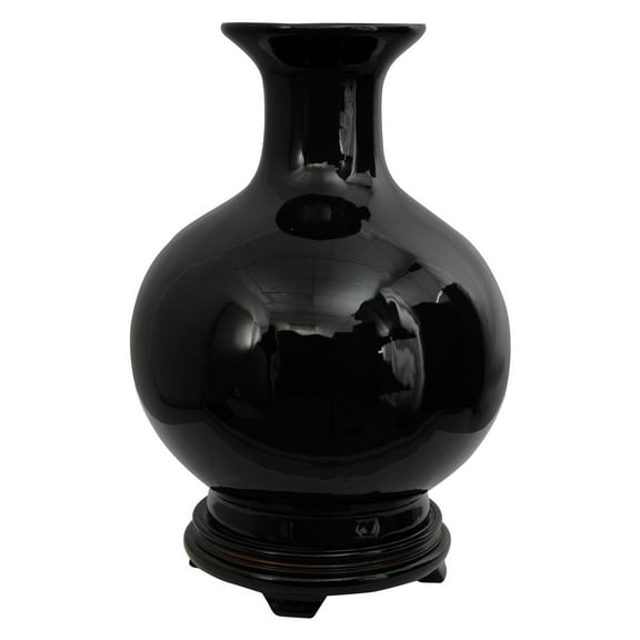 Oriental Furniture 12" Solid Black Porcelain Vase, black, decorative item, oriental design, any occasion, any room
