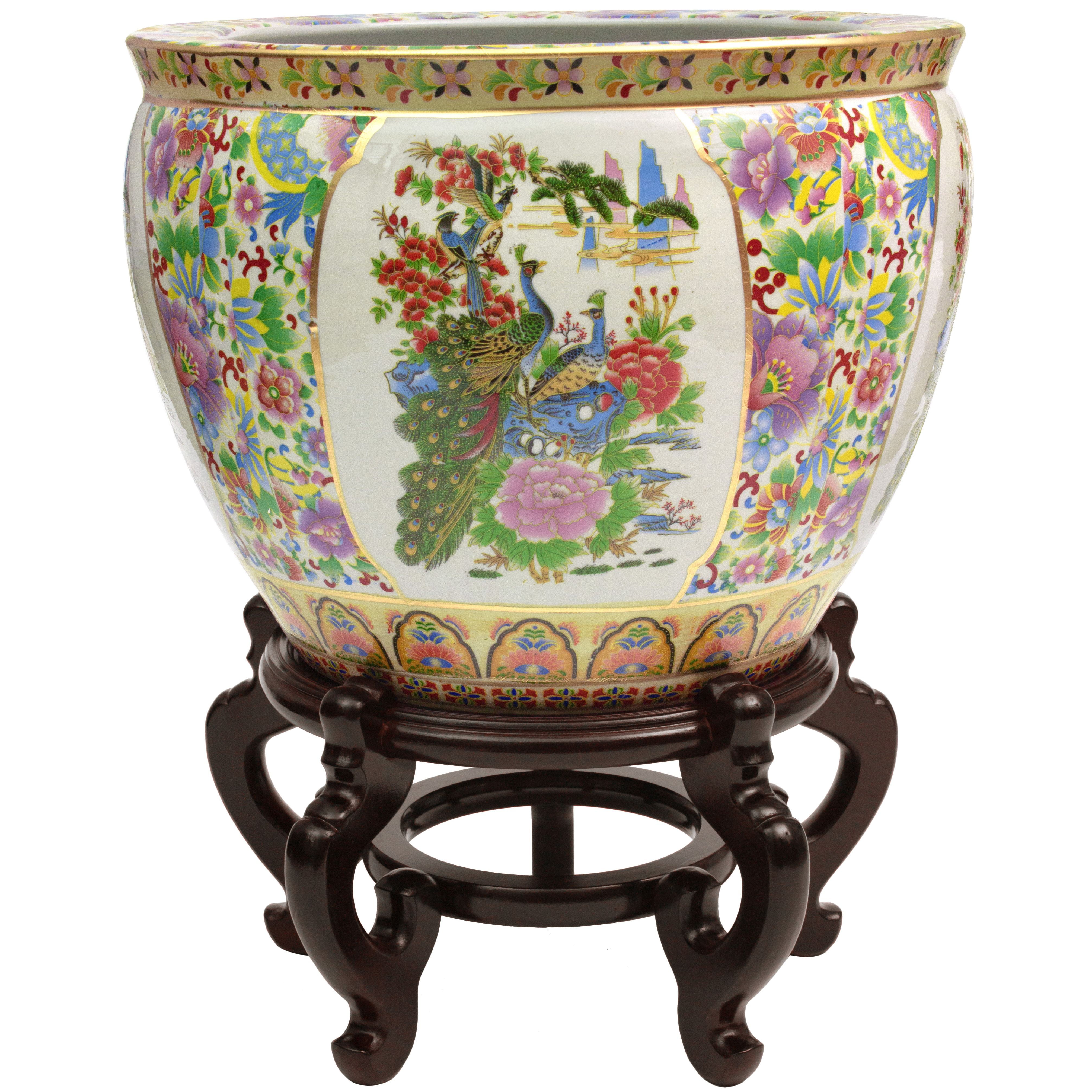 Red Lantern Large 18" Satsuma Birds & Flowers Porcelain Fishbowl Planter