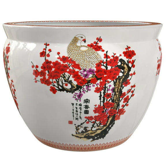 Red Lantern 14" Cherry Blossom Porcelain Fishbowl Planter