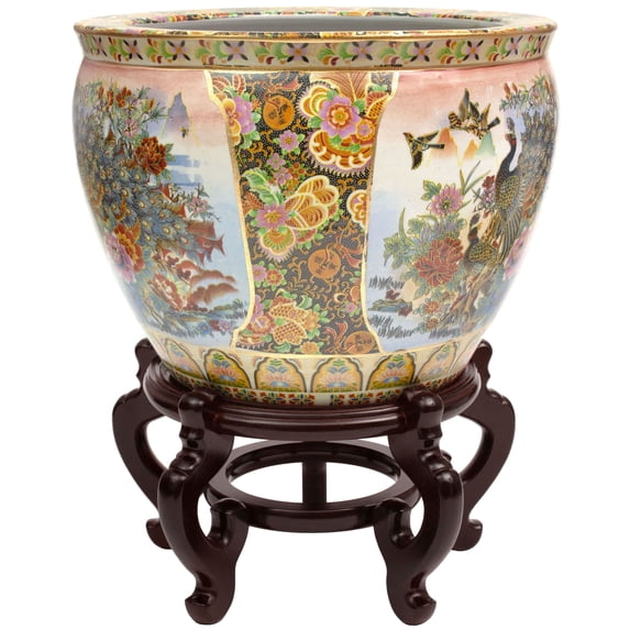 Red Lantern 14" Satsuma Garden & Peacock Porcelain Fishbowl Planter