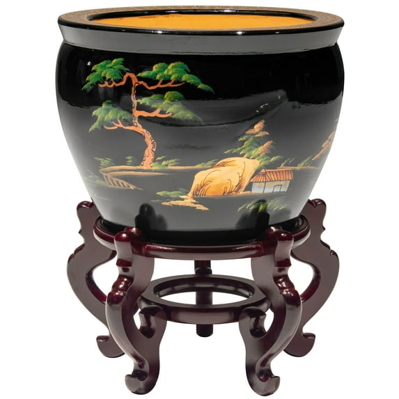 Oriental Furniture 16" Black Lacquer Fishbowl - Landscape