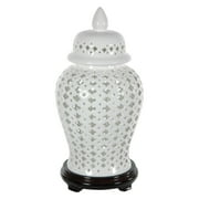 Oriental Furniture 16" Carved Lattice Decorative Temple Jar, white color, decorative item