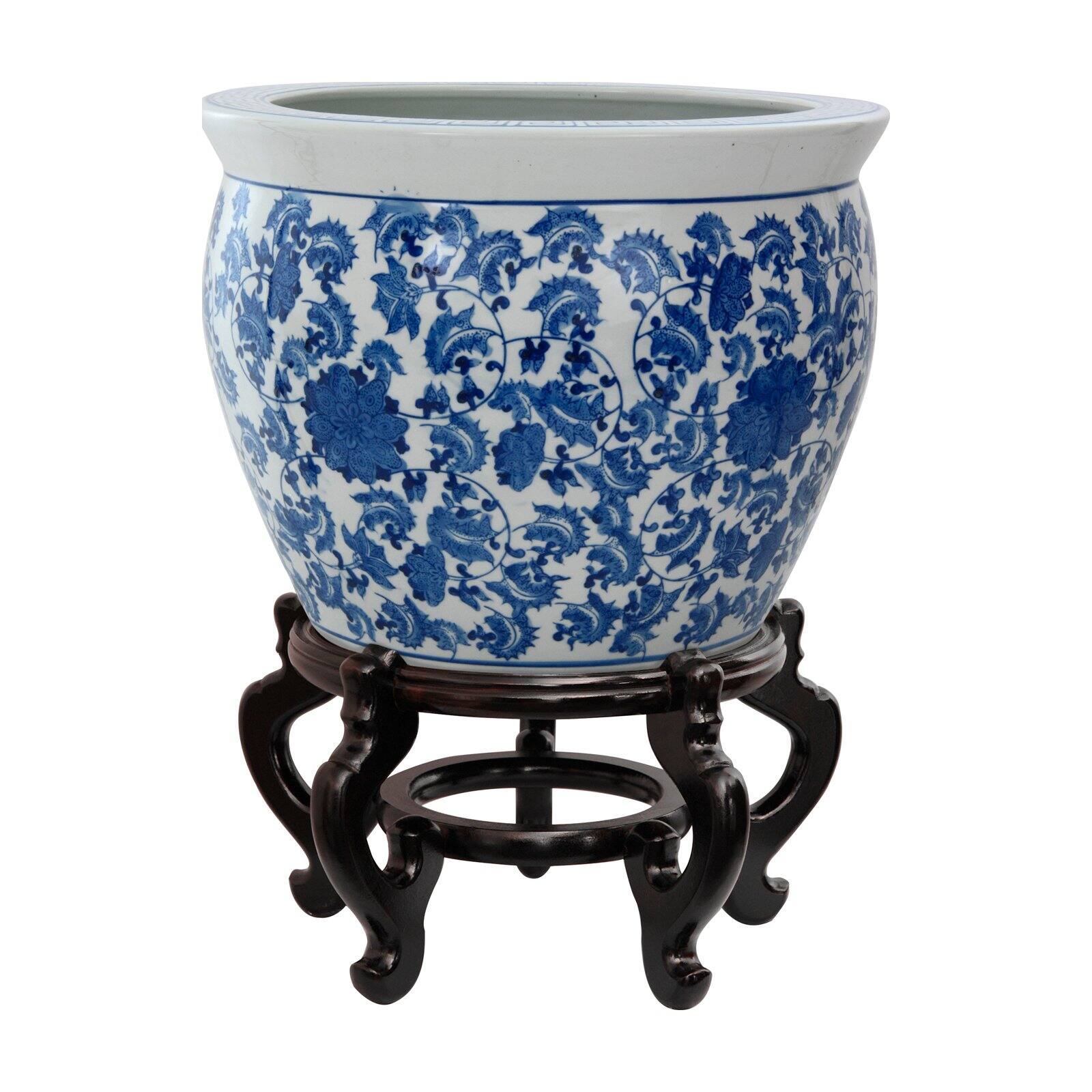 Oriental Furniture 16" Floral Blue & White Porcelain Fishbowl - image 1 of 3