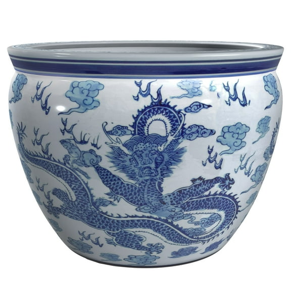 Red Lantern Large 18" Dragon Blue & White Porcelain Fishbowl Planter