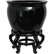 Oriental Furniture 18" Porcelain Fishbowl, Black, decorative item