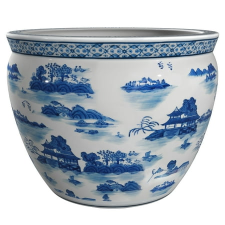 Oriental Furniture 18" Porcelain Fishbowl Blue & White Landscape