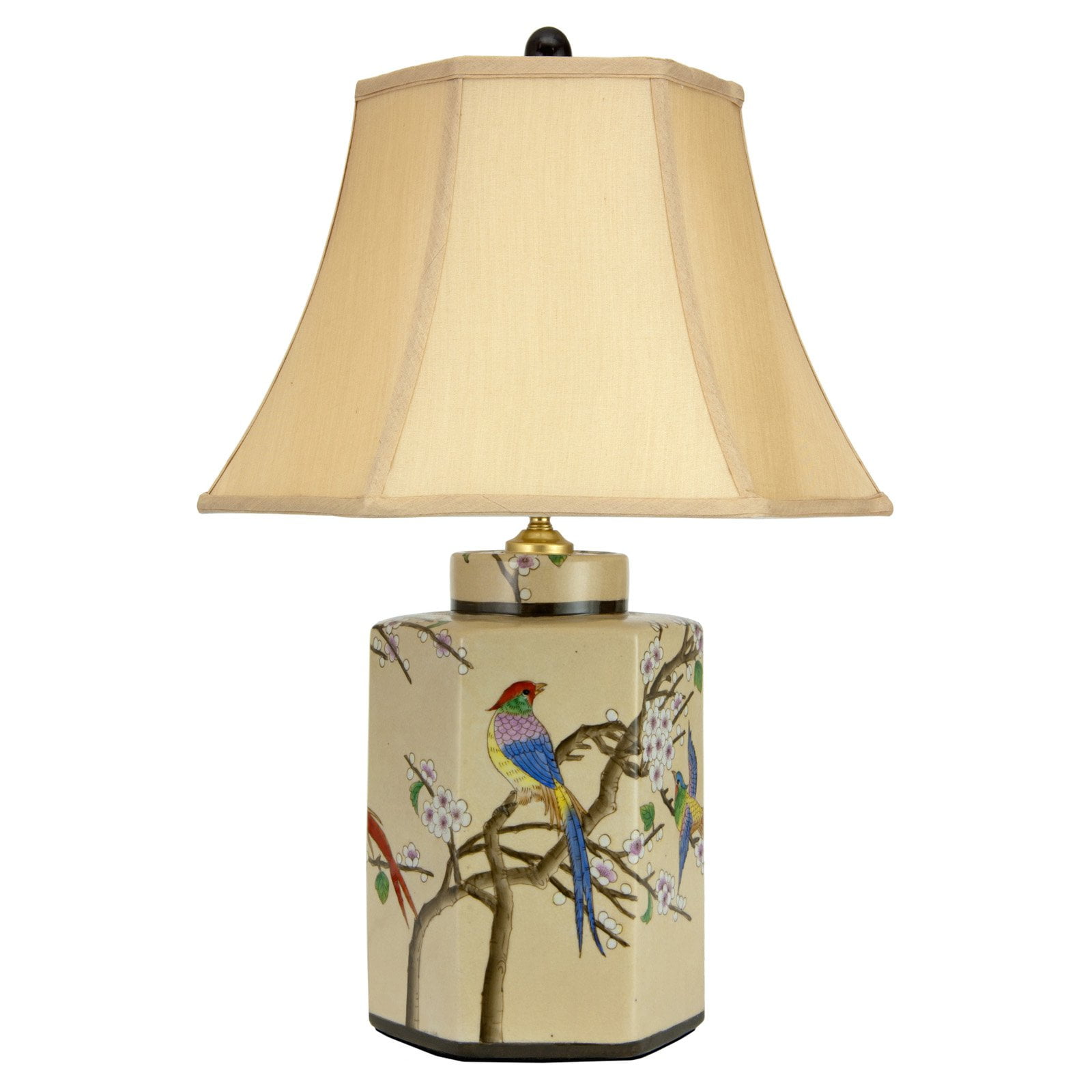 Hexagonal Porcelain Lamp with Birds and Blossoms Design