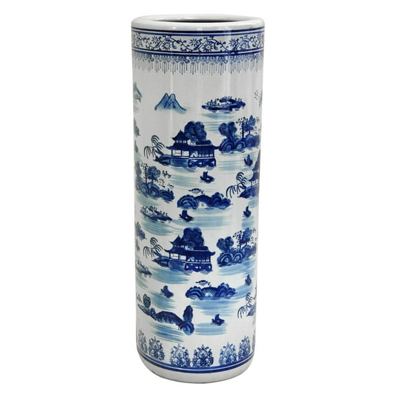 Red Lantern 24" Landscape Blue & White Porcelain Umbrella Stand