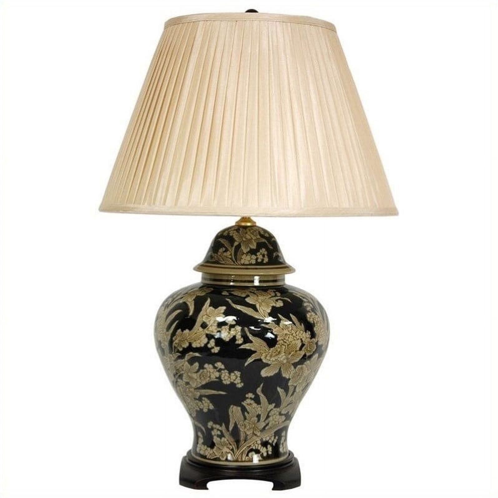 Black and Tan Floral Ceramic Table Lamp with Fabric Shade