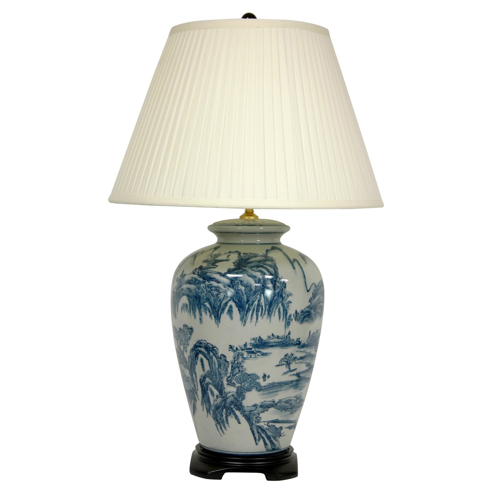 Oriental Blue and White Ceramic Table Lamp with Off-White Shade