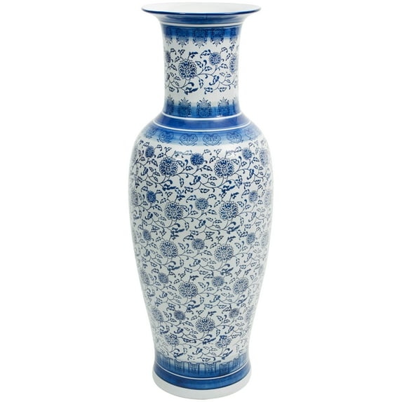 Oriental Furniture 36" Floral Blue & White Porcelain Tung Chi Vase