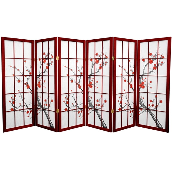 Oriental Furniture 4 ft. Tall Cherry Blossom Shoji Screen, 6 panel, rosewood color