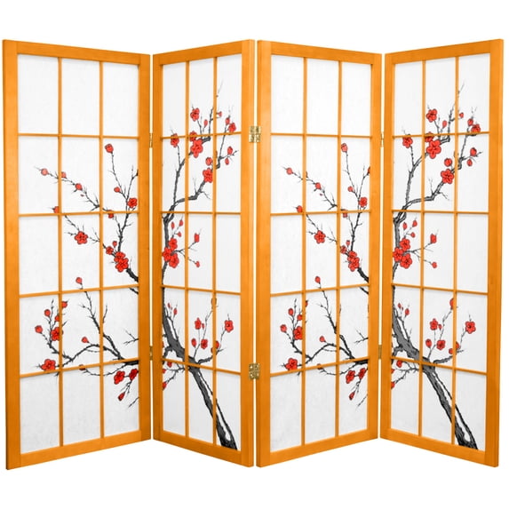 Oriental Furniture 4 ft. Tall Cherry Blossom Shoji Screen - Honey - 4 Panel