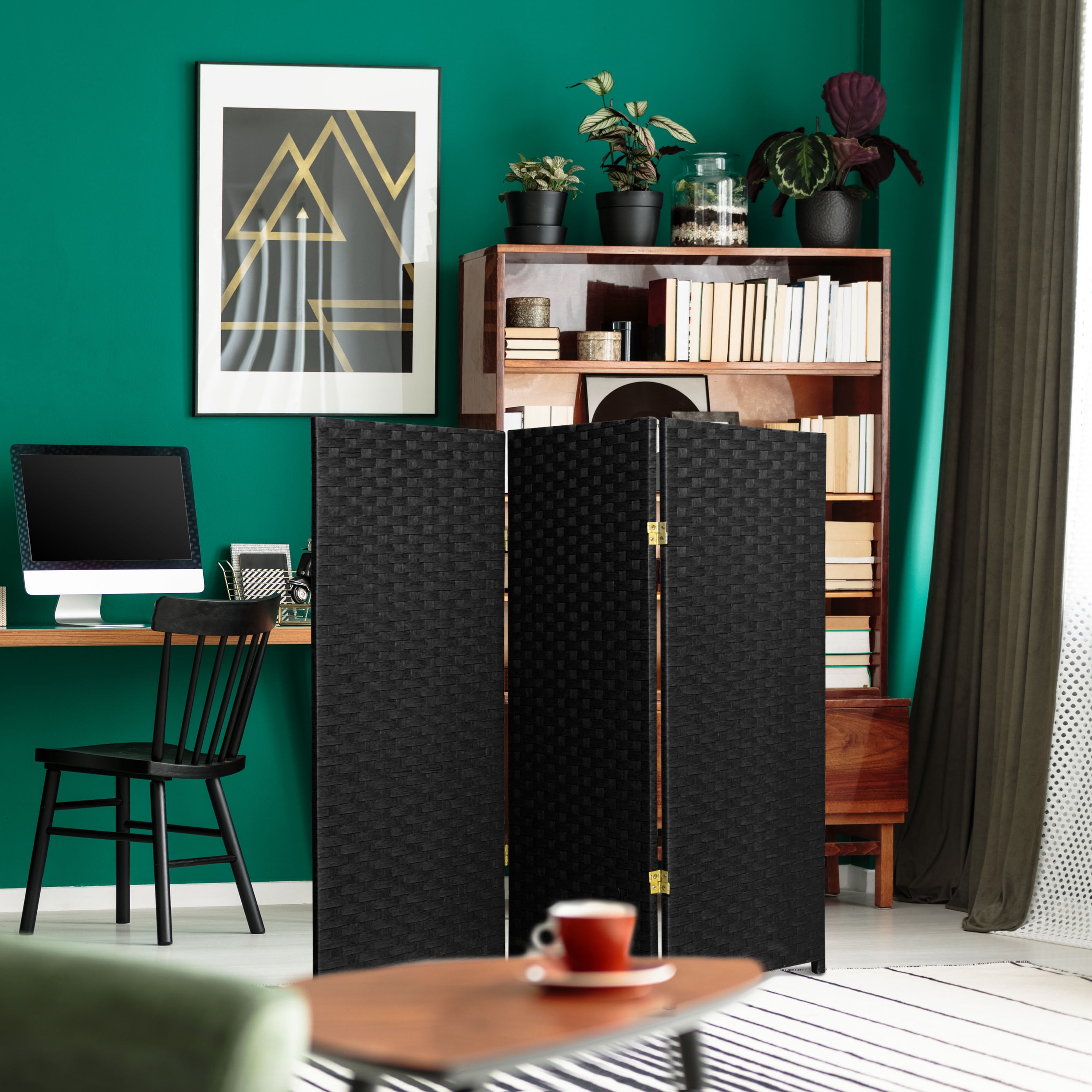 Black Woven Fiber 4 ft. 3-Panel Room Divider