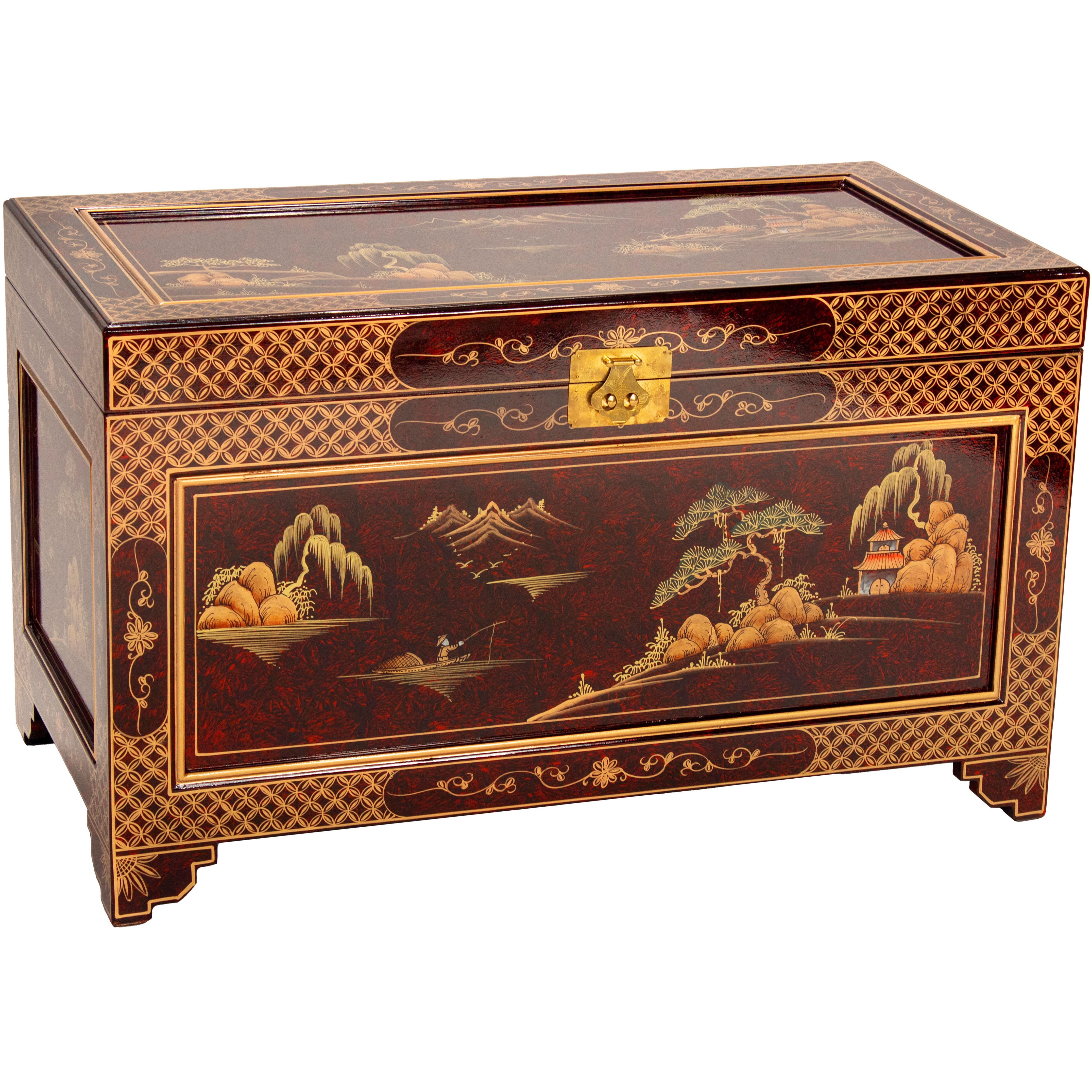 Hand-Crafted Red Lacquer Storage Trunk with Gold Landscape Design