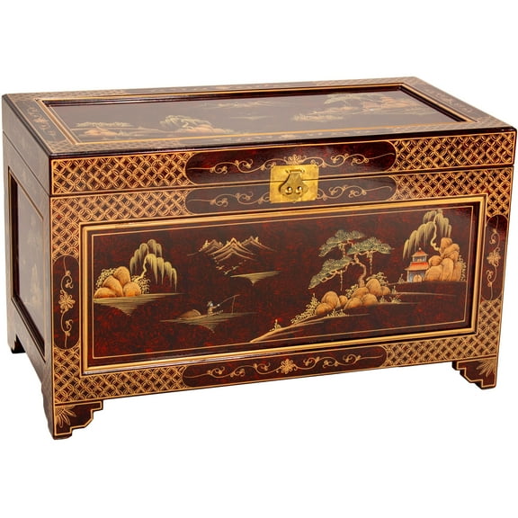 Oriental Furniture 40 Gallon Lacquer and Wooden Storage Trunk, Landscape and Red