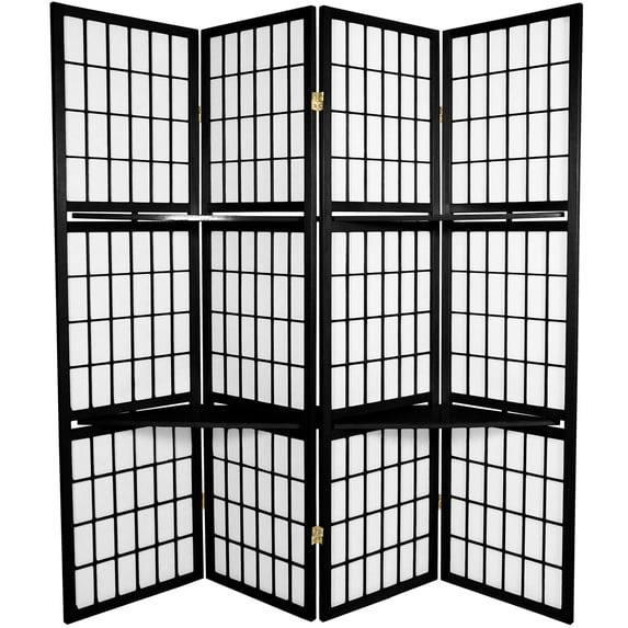 Oriental Furniture 5 1/2 ft. Tall Window Pane w/ Shelf Screen - Black - 4 Panel