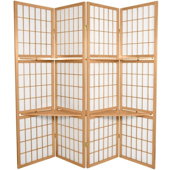Oriental Furniture 5 1/2 ft. Tall Window Pane w/ Shelf Screen - Natural - 4 Panel