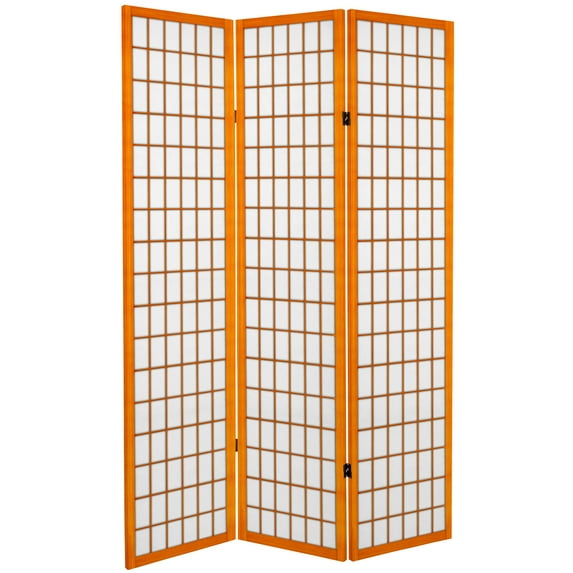 Oriental Furniture 6 Ft Tall Canvas Window Pane Room Divider, Honey, 3 panel