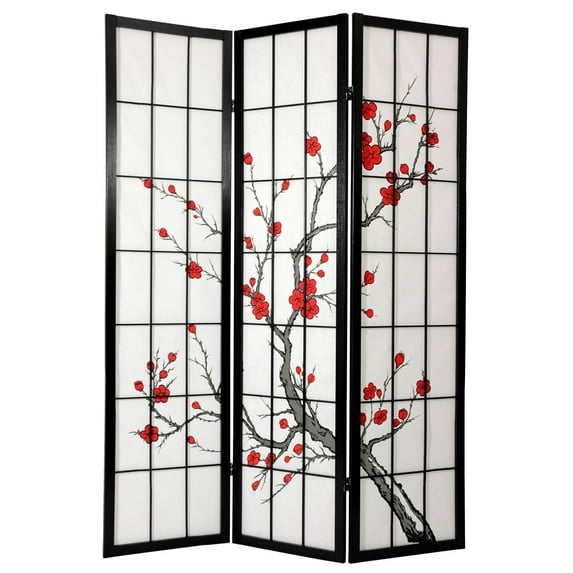 Oriental Furniture 6 Ft Tall Cherry Blossom Shoji Screen, Black, 3 Panels