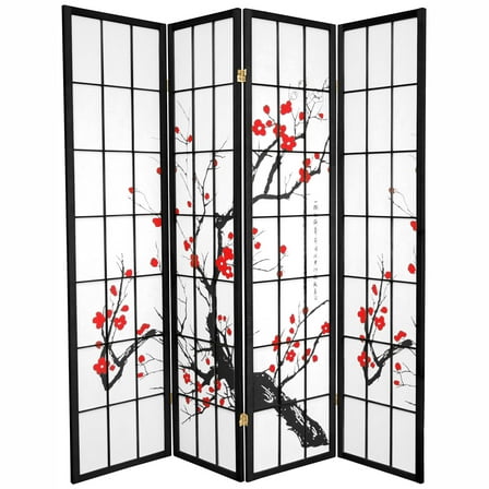 Oriental Furniture 6 Ft Tall Flower Blossom Room Divider, Black, 4 panel