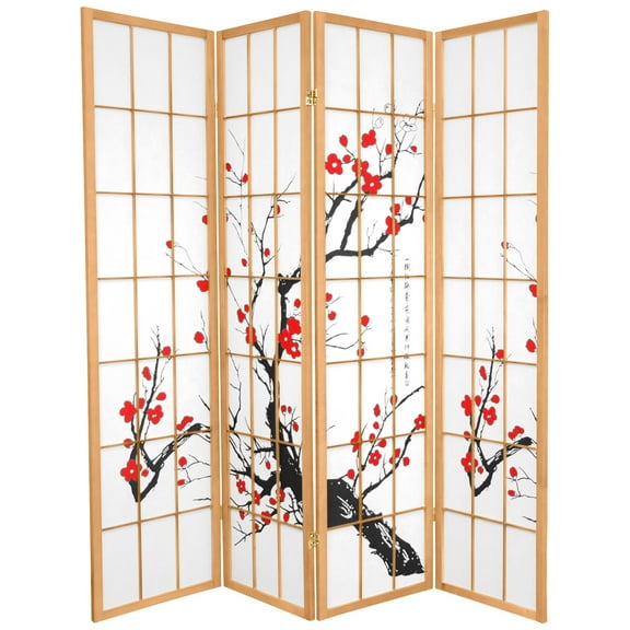 Oriental Furniture 6 Ft Tall Flower Blossom Room Divider, natural color, 4 panel