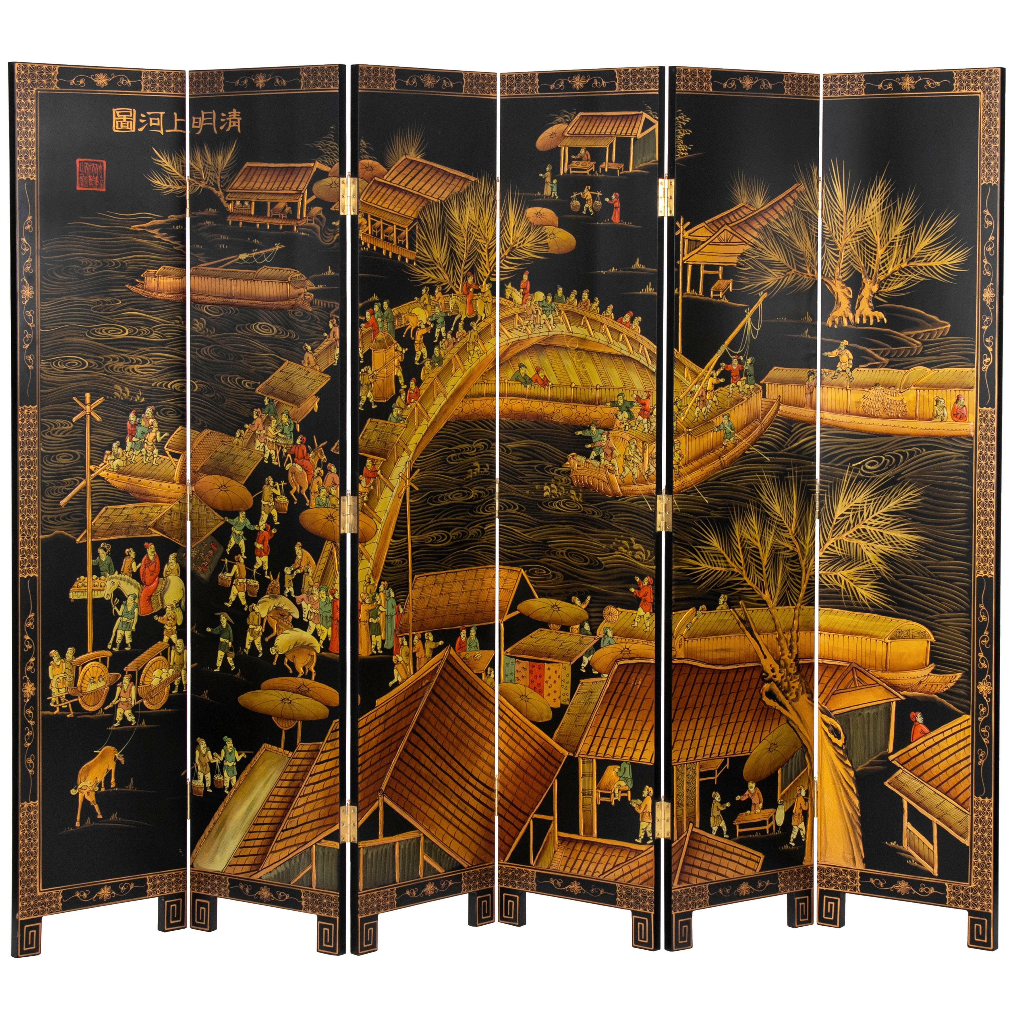 Red Lantern 6 ft. Hand-Painted Folding Room Divider, Black Lacquer, Free Standing