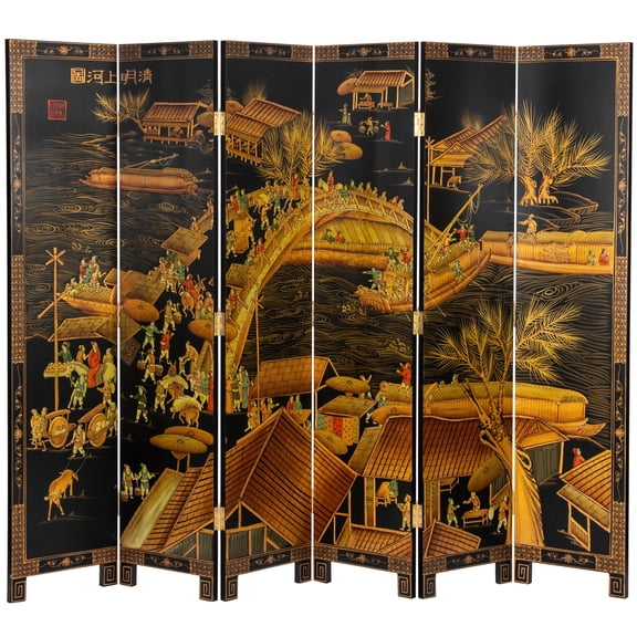 Red Lantern 6 ft. Hand-Painted Folding Room Divider, Black Lacquer, Free Standing