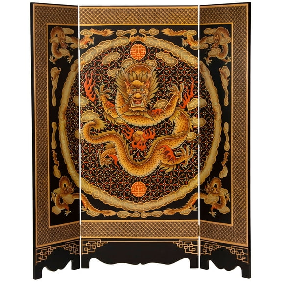 Oriental Furniture 6 ft. Tall Black Lacquer Room Divider - Dragon
