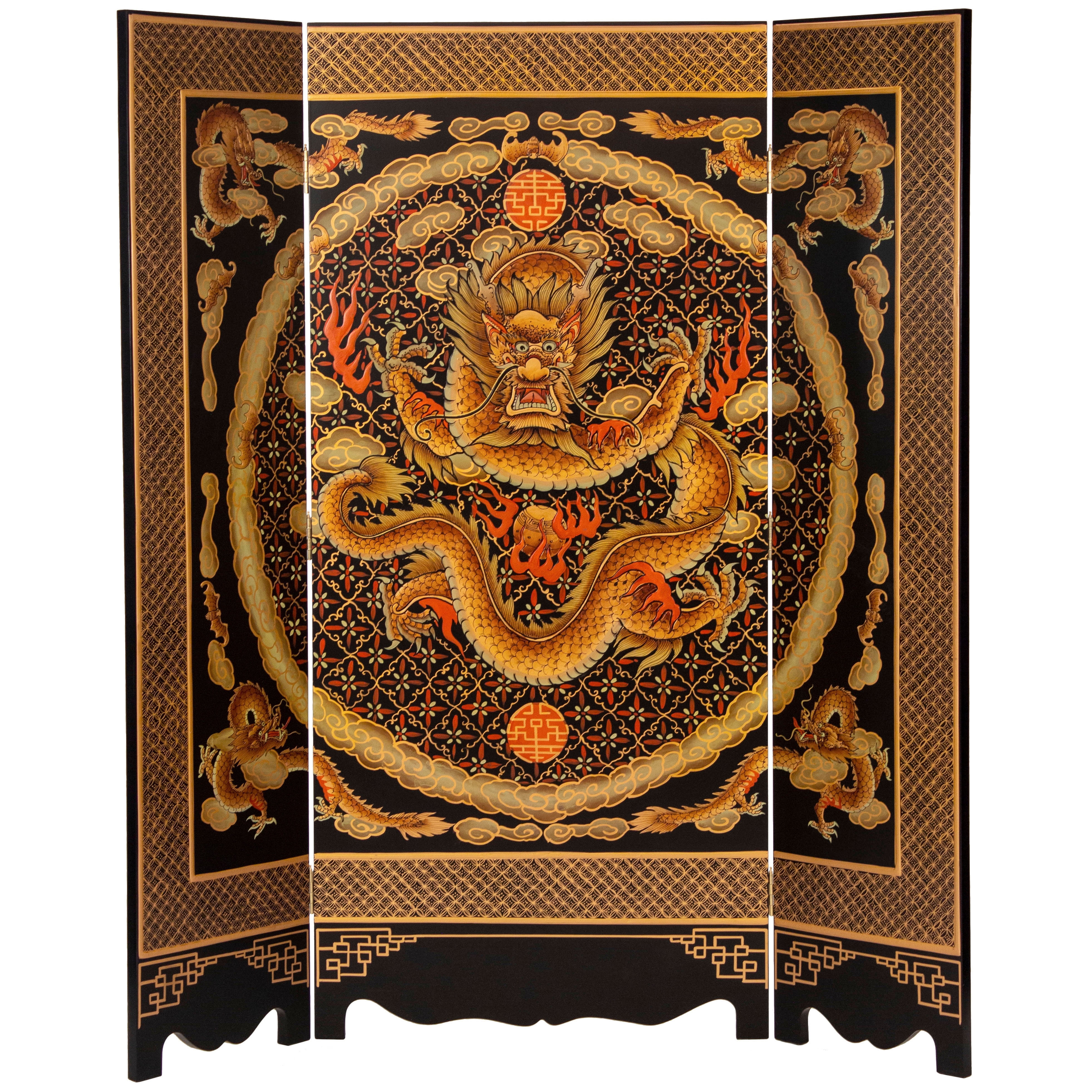 6 Ft Tall Black Lacquer Elm Wood Dragon Room Divider