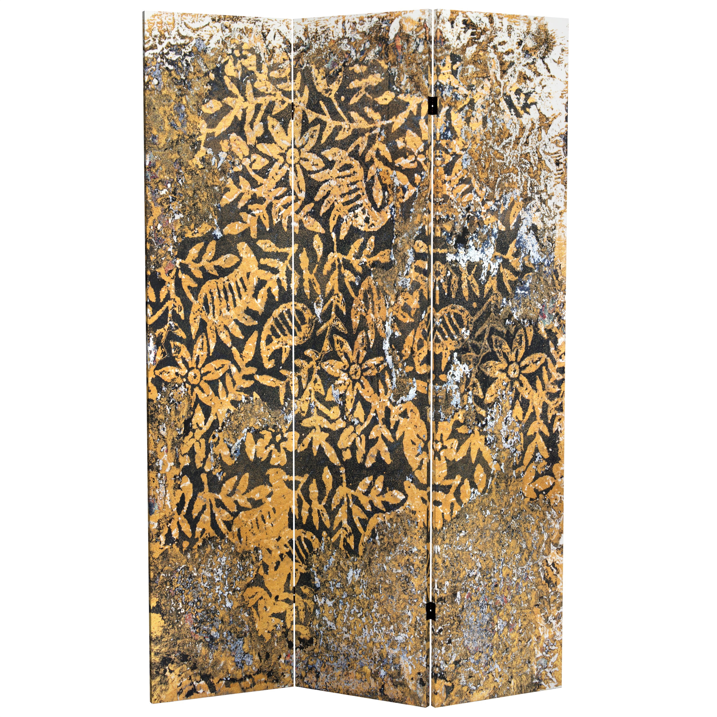 Red Lantern 6 ft. Tall Flowering Gold Canvas Room Divider - 3 Panel, Freestanding, Foldable Screen