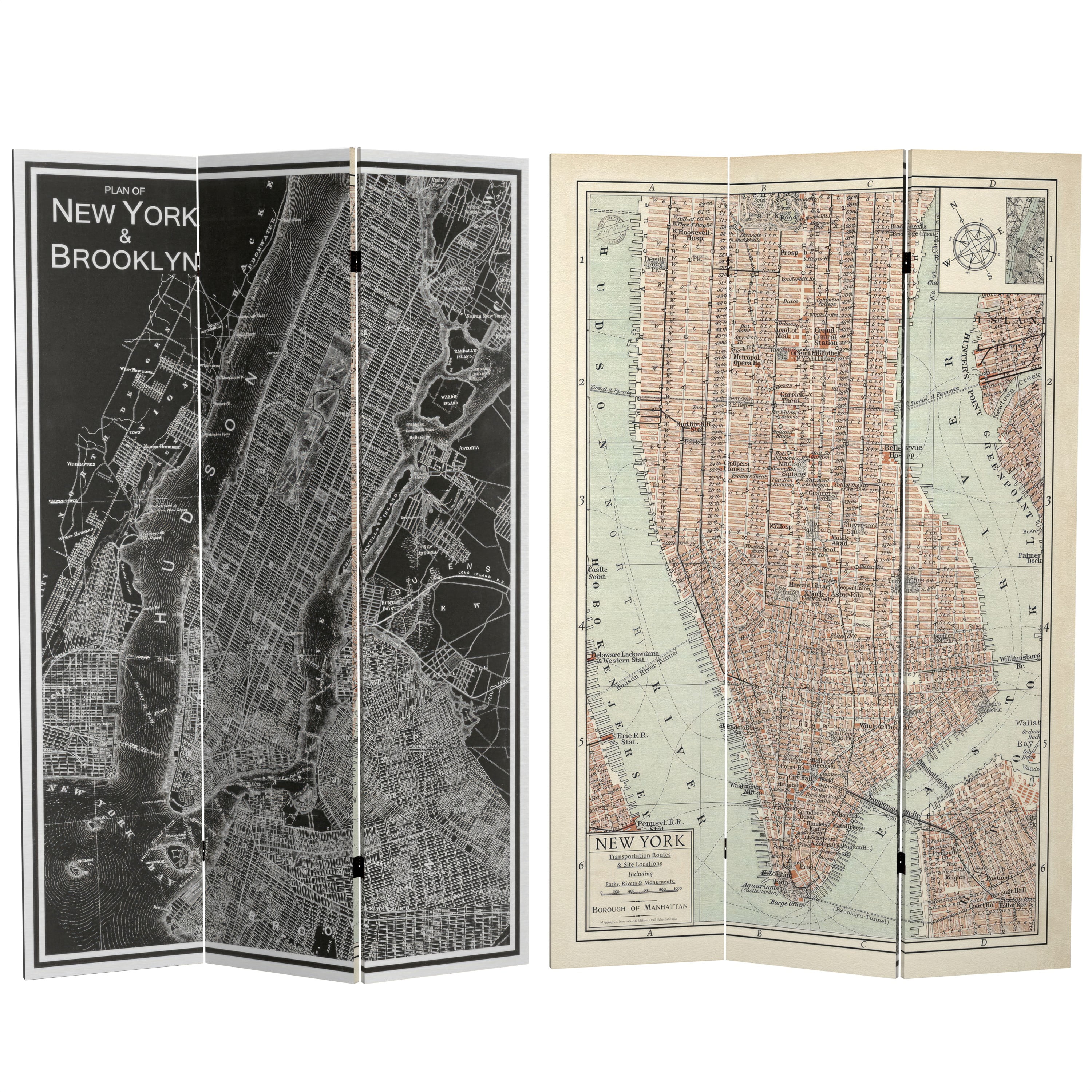 Oriental Furniture 6 ft. Tall Map of New York Canvas Room Divider - 3 Panel