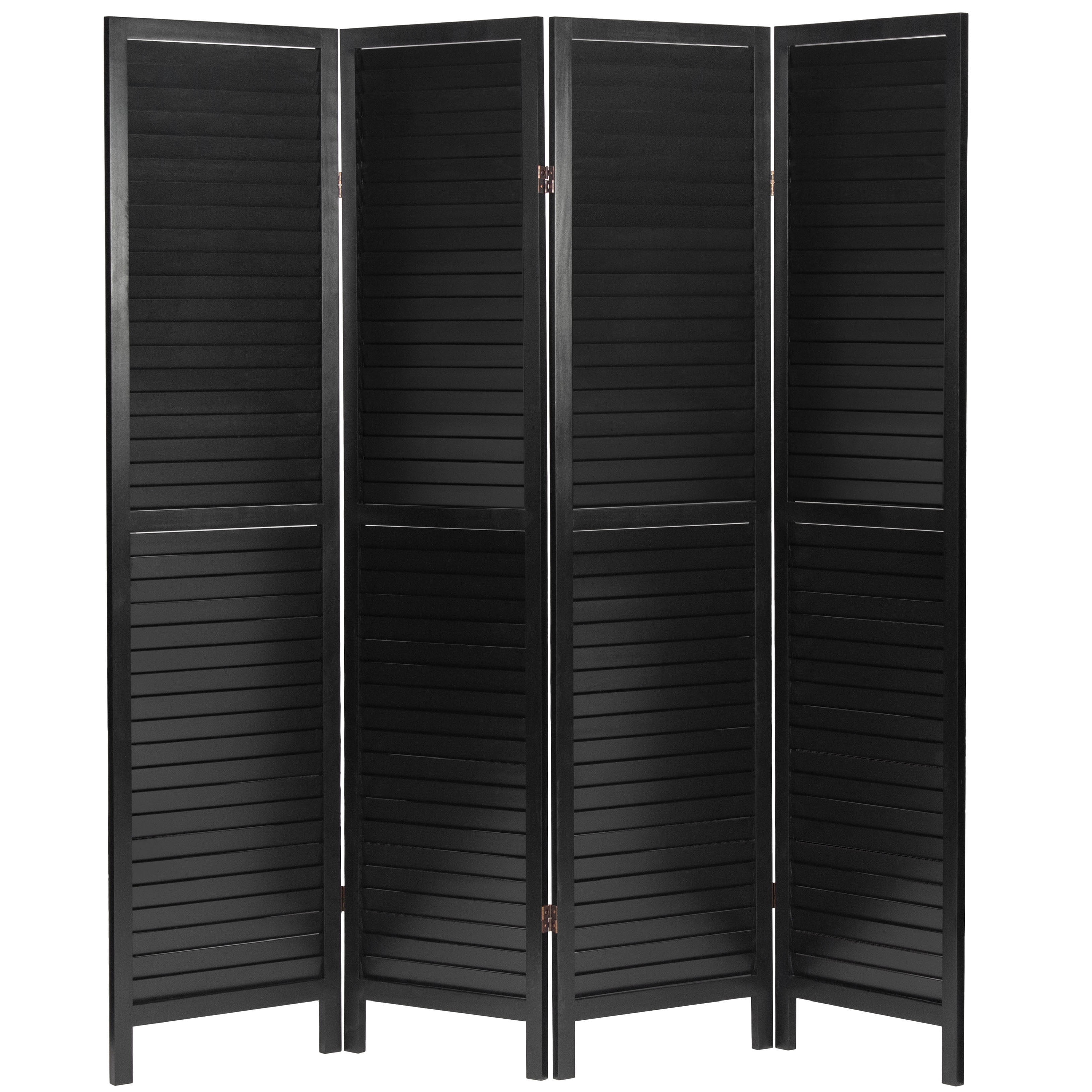 Black 6 Ft Tall Wooden Louvered 4-Panel Room Divider