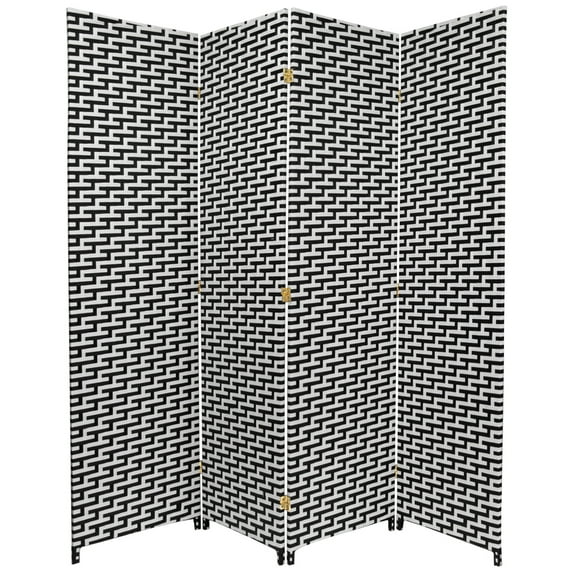 Red Lantern 6 ft. Tall Woven Fiber Folding Screen - Black and White - 4 Panel