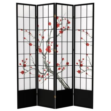 Oriental Furniture 7 Ft Tall Cherry Blossom Shoji Screen, Black, 4 panel