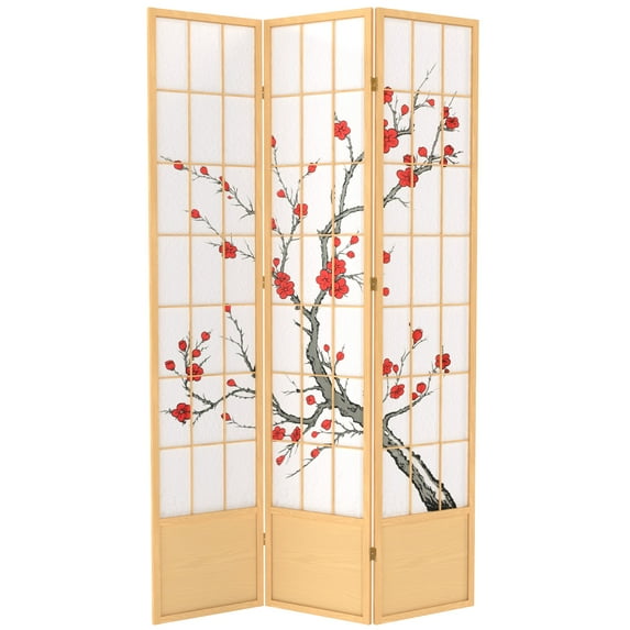 Oriental Furniture 7 ft. Tall Cherry Blossom Shoji Screen - Natural - 3 Panel