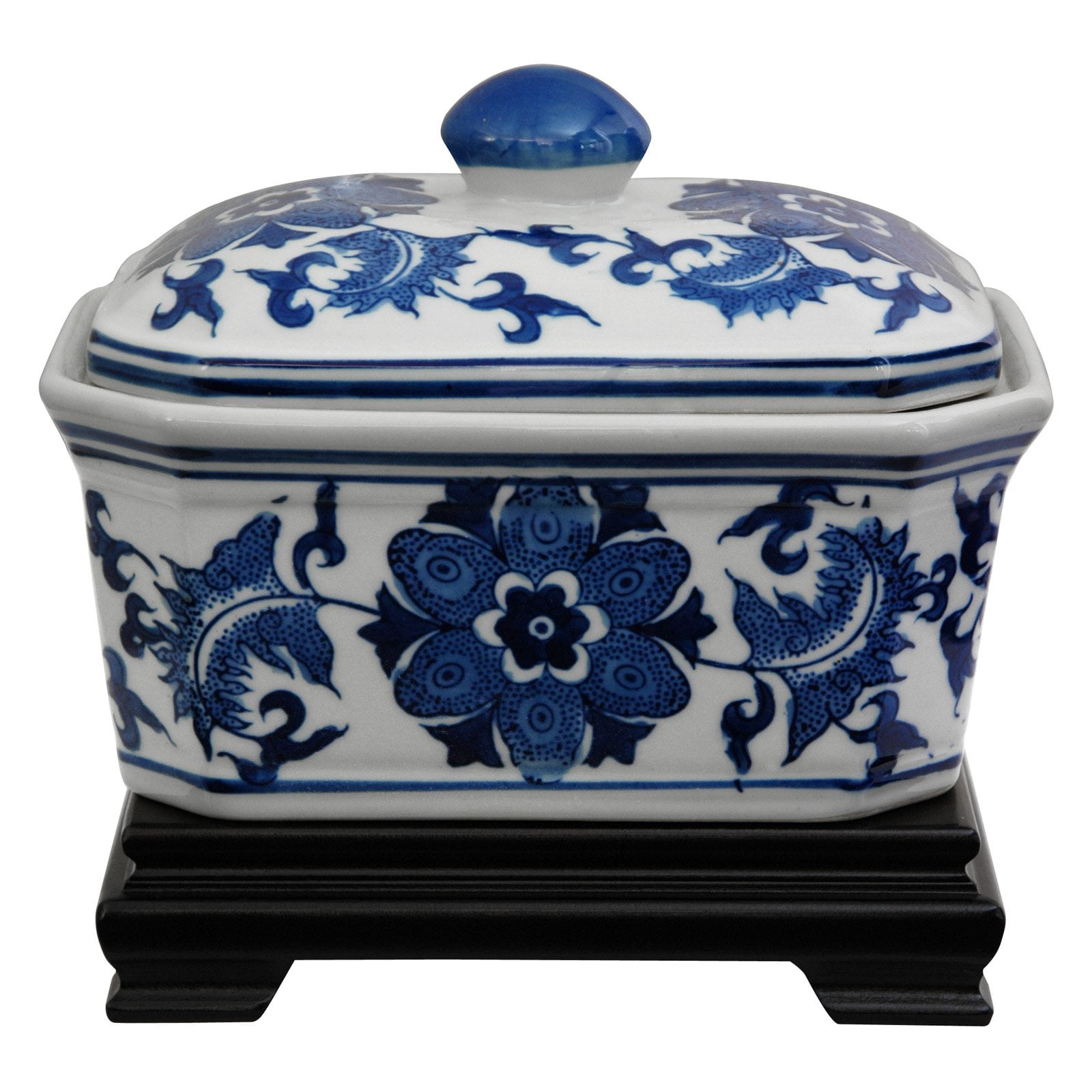Blue and White Floral Porcelain Rectangular Storage Jar