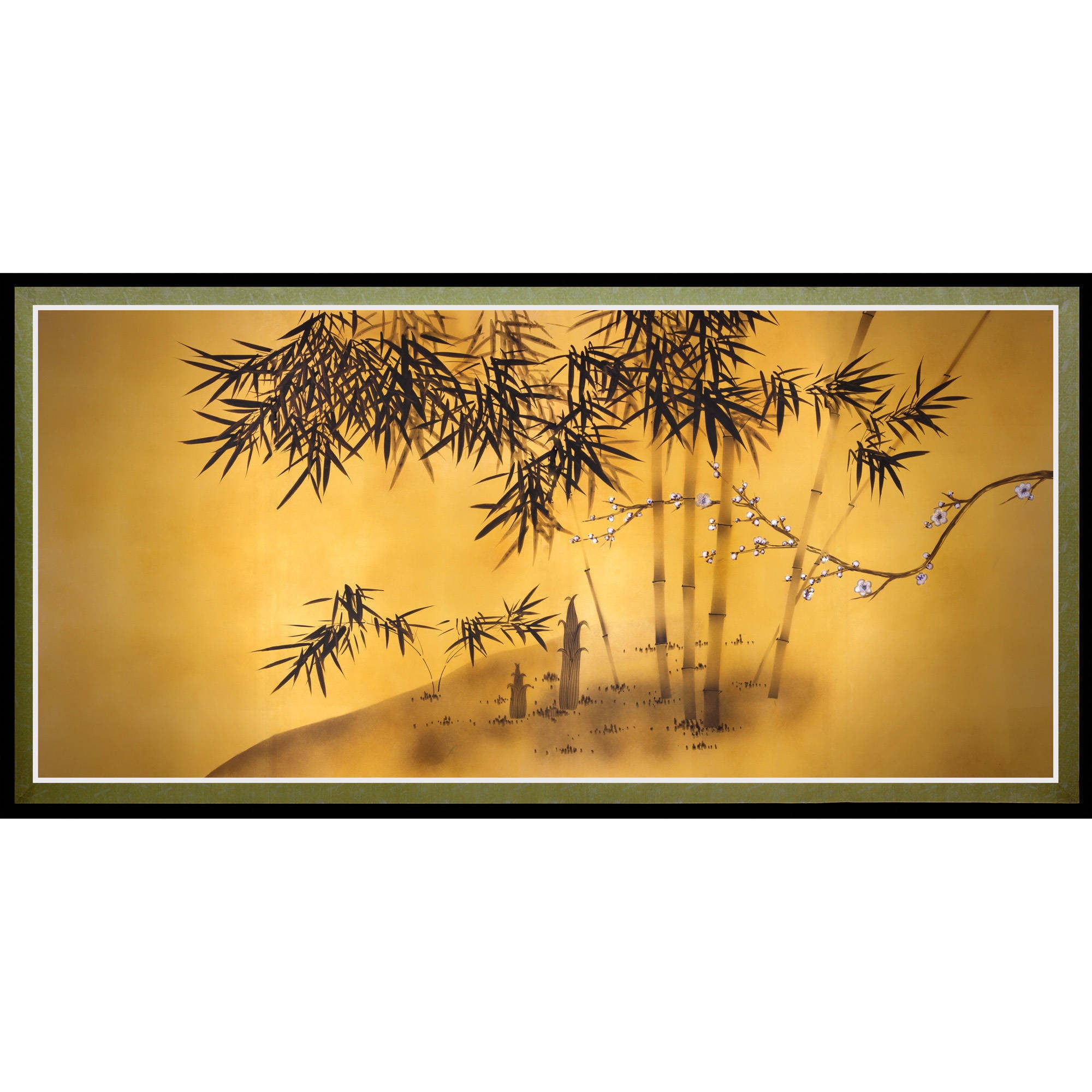 Golden Bamboo Tree Canvas Wall Art with Plum Branch, 18" x 36"