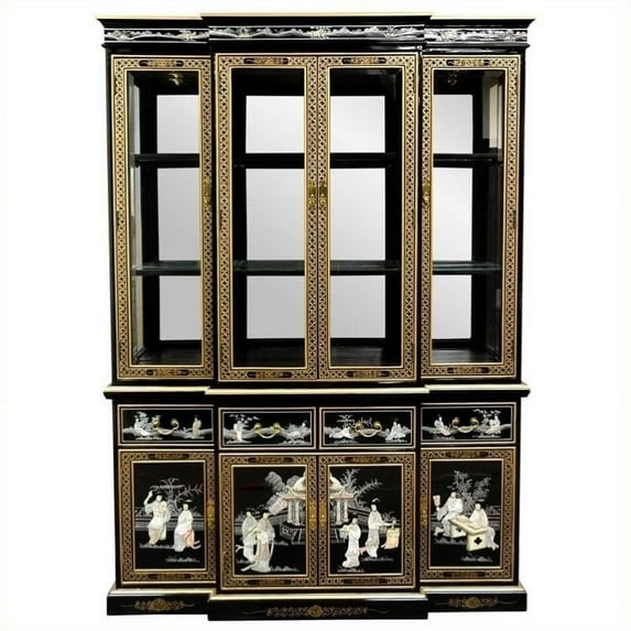 Oriental Furniture Black Lacquer Breakfront, 82.00"H, handmade, mother of pearl, rich lacquer, suitable for any room