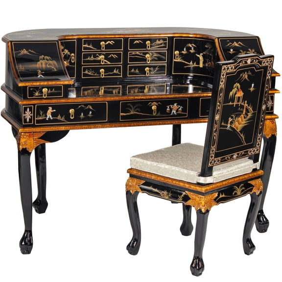 Oriental Furniture Black Lacquer Desk with Chair - Landscape