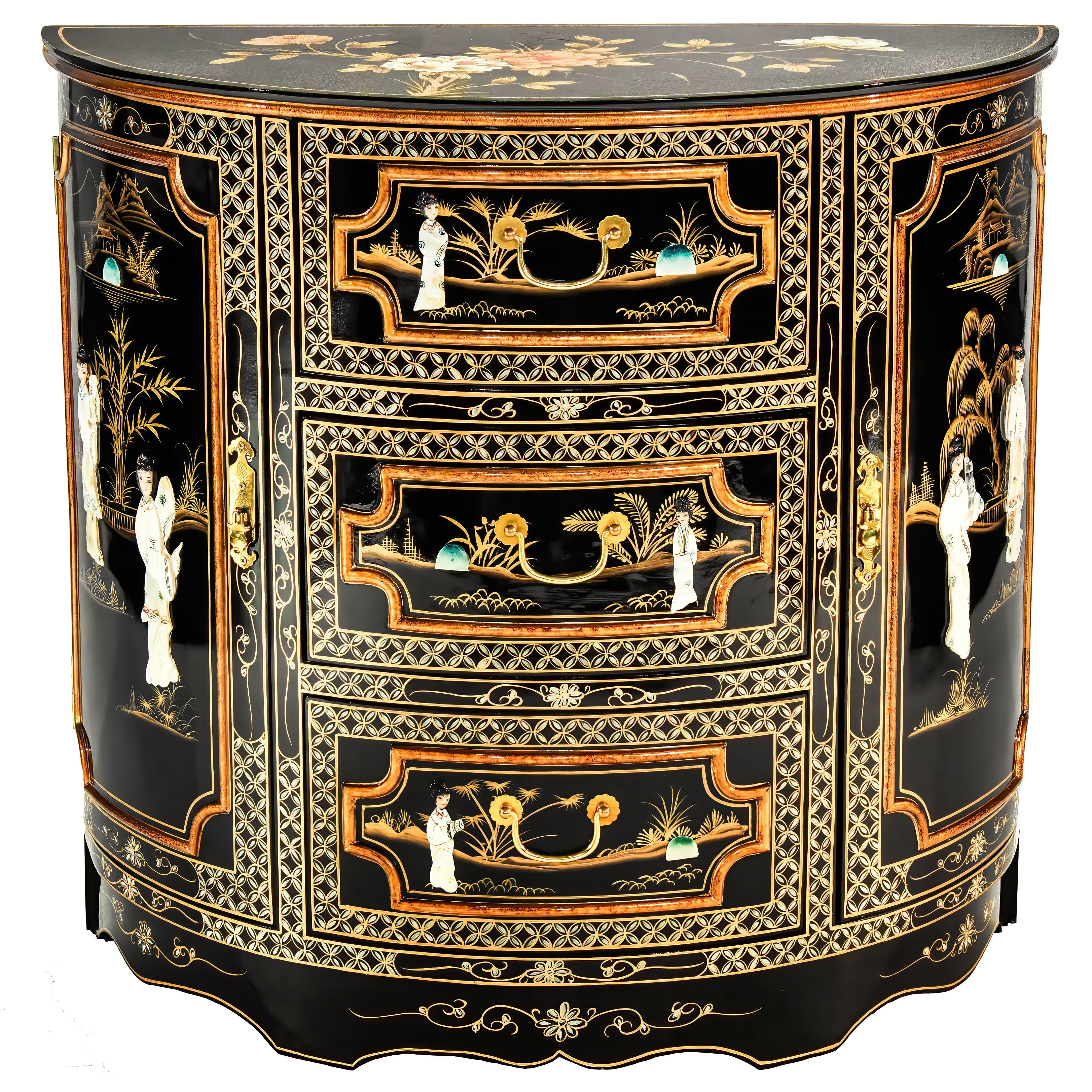 Black Lacquer Half-Moon Cabinet with Mother-of-Pearl Design