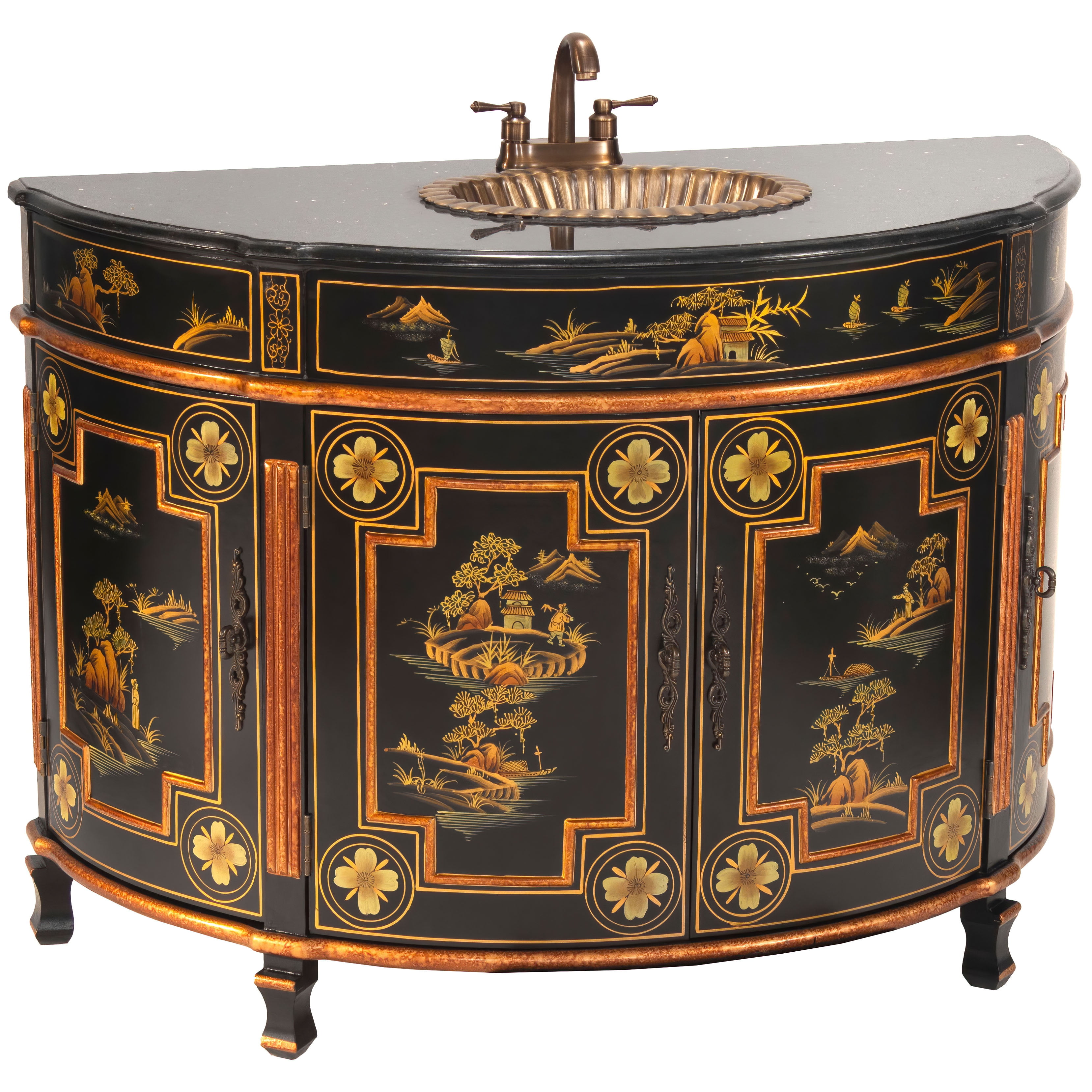 Oriental Furniture Black Lacquer Large Round Vanity Landscape