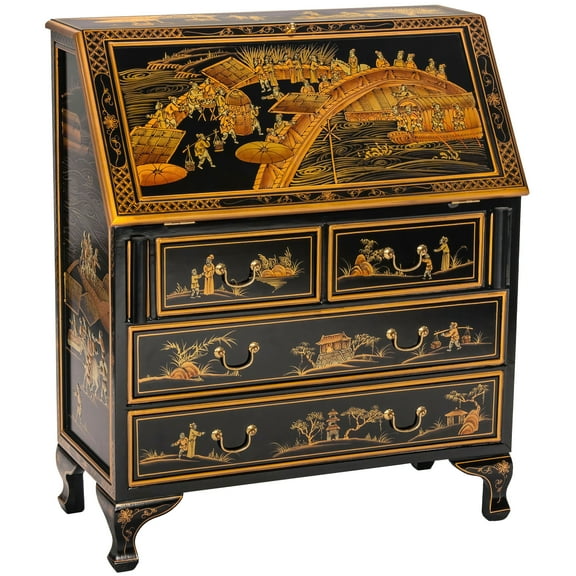 Oriental Furniture Black Lacquer Secretary Desk - Ching Ming