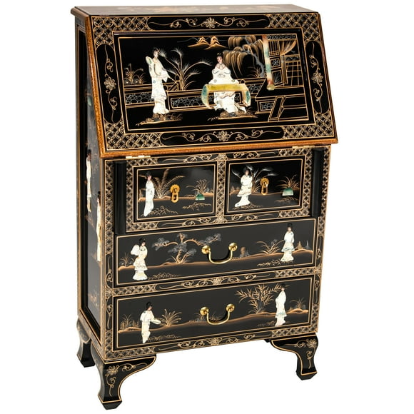 Oriental Furniture Black Lacquer Secretary Desk - Royal Ladies